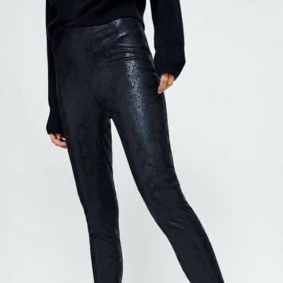 Zara Faux Snakeskin Python Liquid Legging Black Womens Size L - Picture 2 of 13